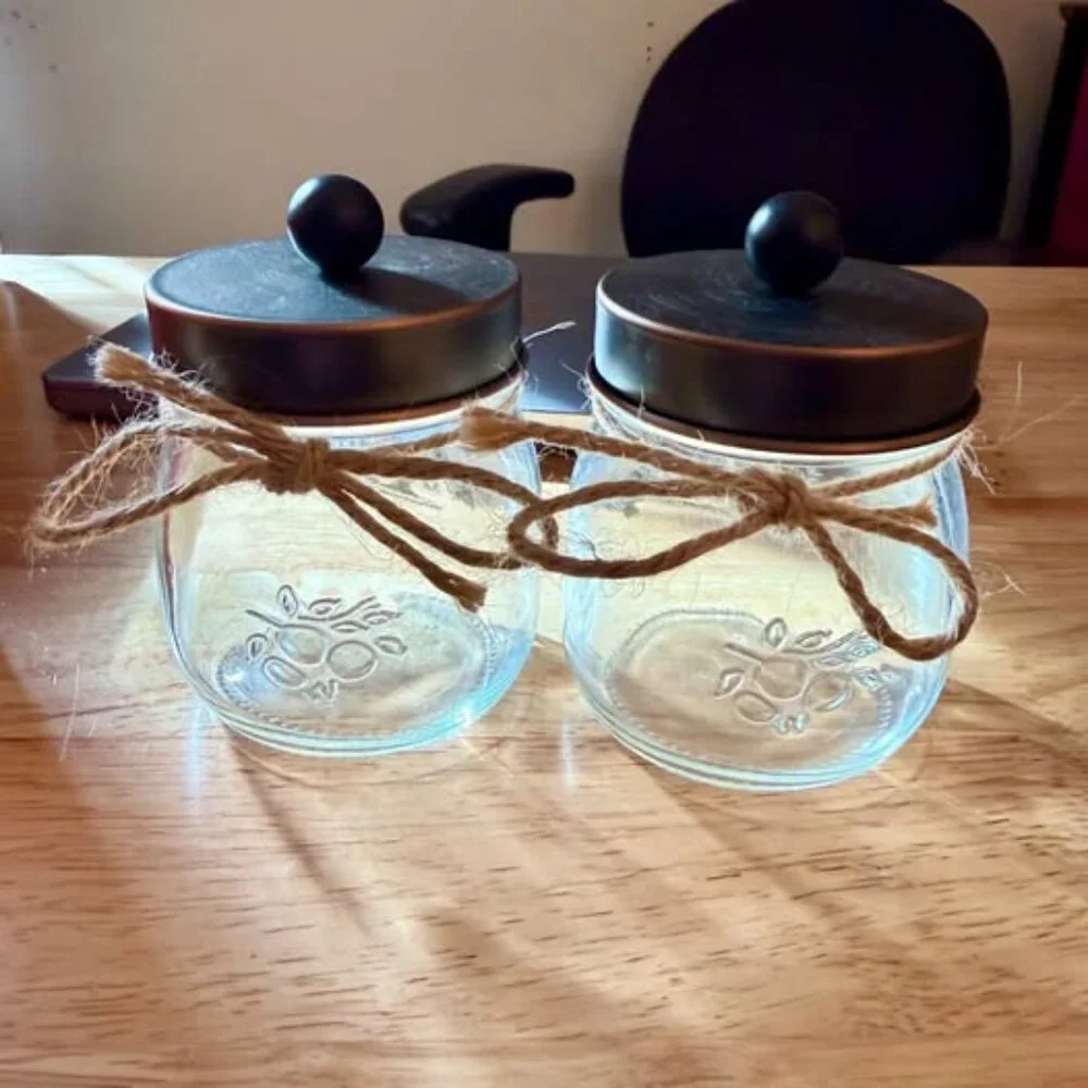 Oil Rubbed Bronze Glass Jars Bathroom Kitchen Organizers Apothecary Vanity 2 Pk